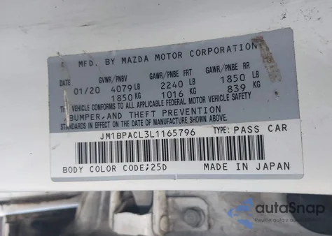 2020 Mazda Mazda3 Select Package из США, поврежденный, VIN JM1BPACL3L1165796